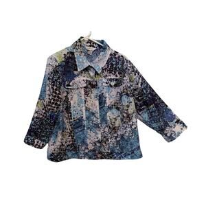 CJ Banks Top Size 1X Blue Button Front Collar Lightweight Long Sleeve Abstract